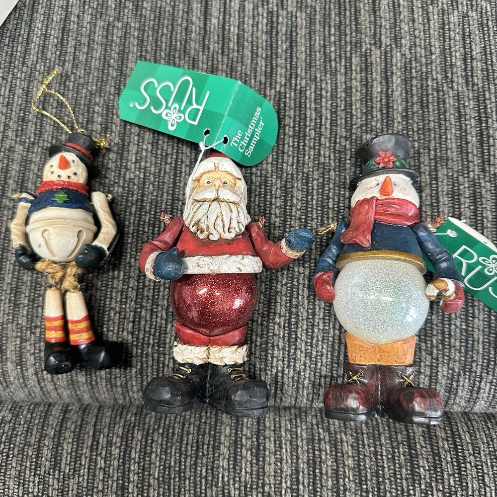 Lot Of 3 Russ Berrie Ornaments Shelf Sitter Snow Man Santa Christmas Sampler New